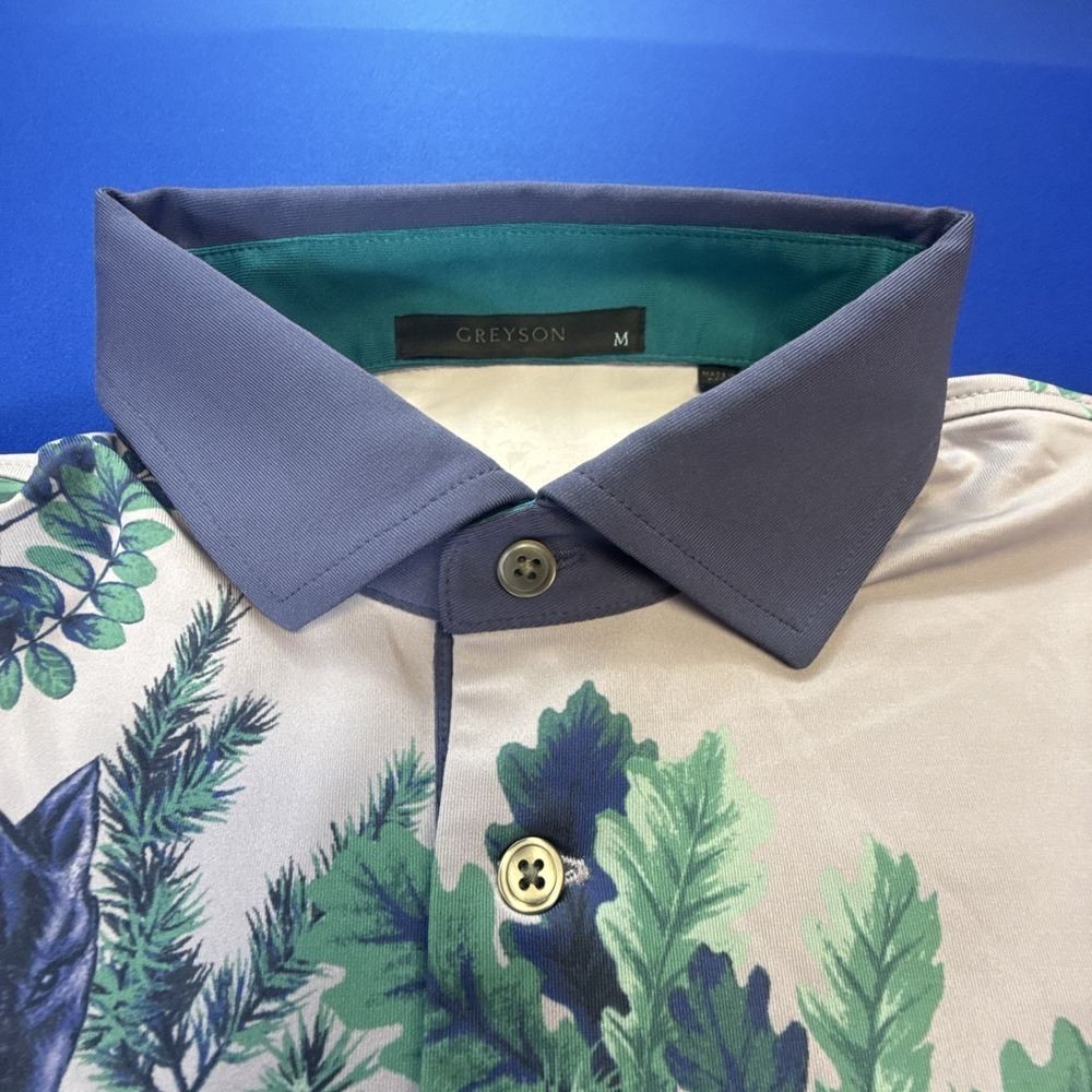 GREYSON Polo Shirt Men M Purple ENCHANTED FOREST THISTLE All Over Print Golf - Picture 6 of 7